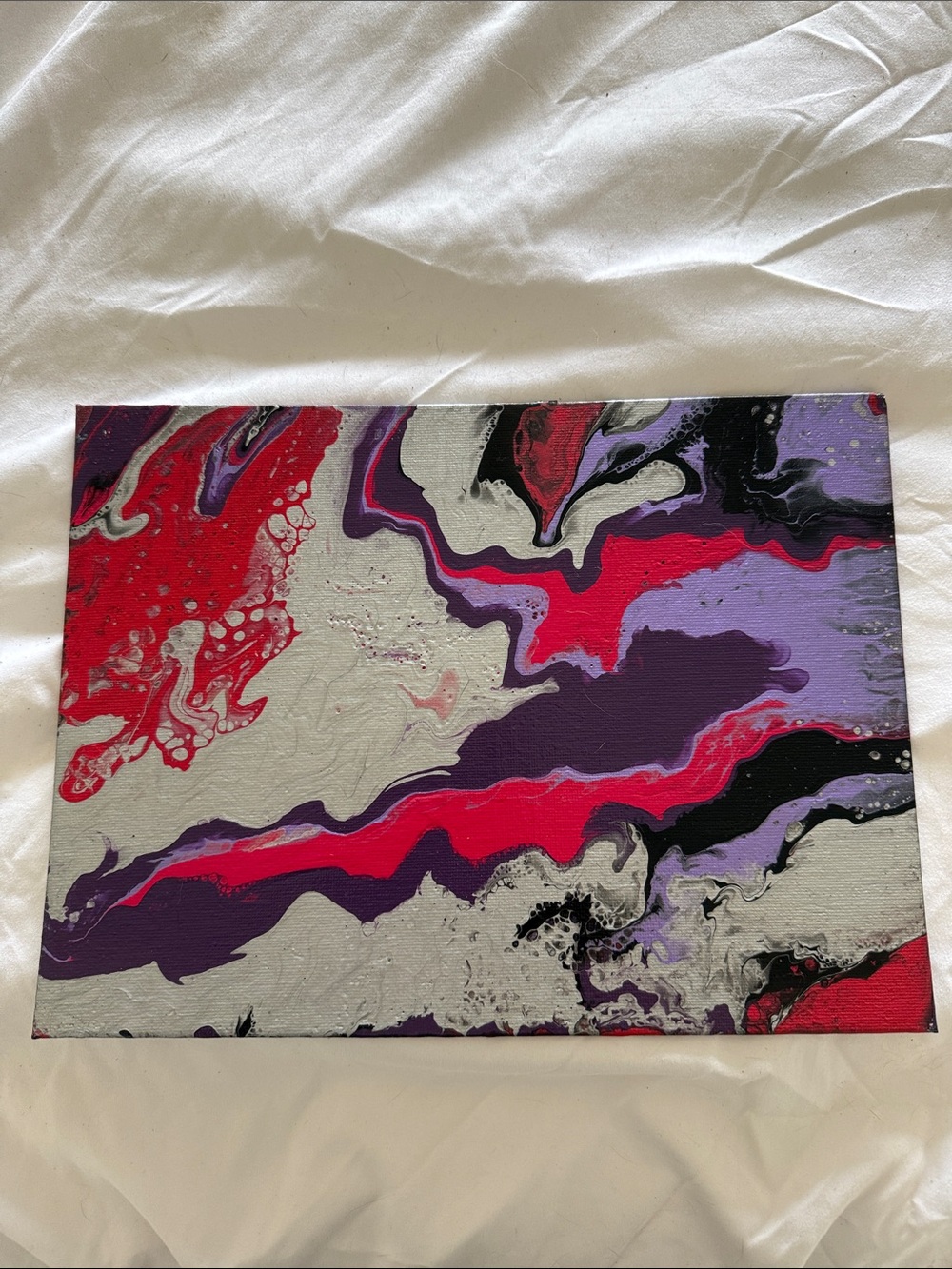 Abstract Fluid Art Canvas - Red, Purple, Silver handmade 9 x 12 in flat canvas